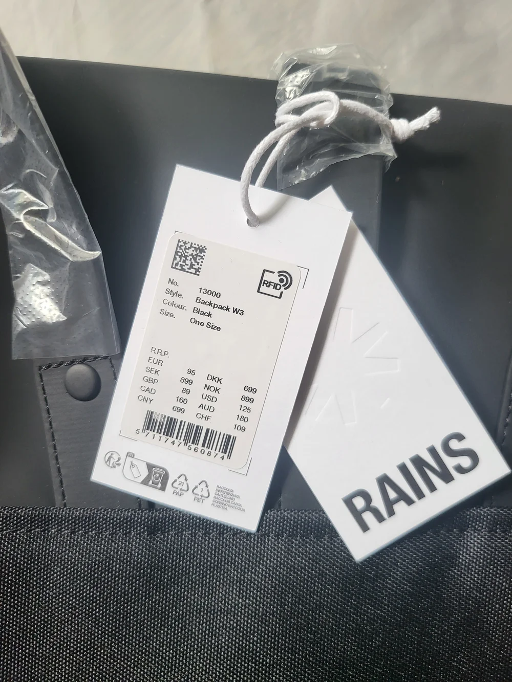 Rains Black Minimalist Backpack withTag